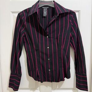 Women Kenneth Cole Black w Pink Stripes Button Down LSleeve Darted Shirt size 4